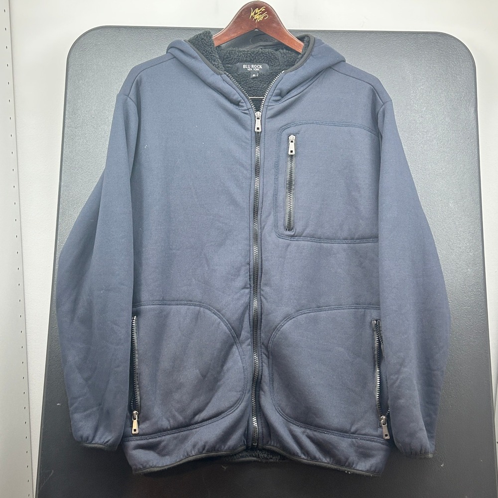 Blu Rock Hooded Jacket Size S Men Casual Full Zip Fleece Lined Navy